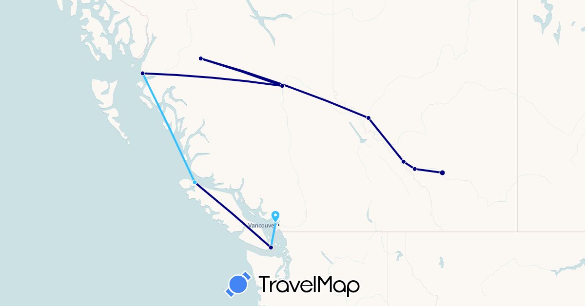 TravelMap itinerary: driving, plane, boat in Canada (North America)
